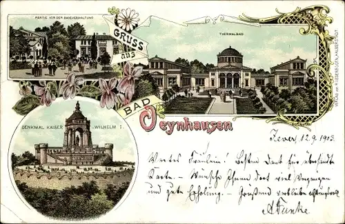 Litho Bad Oeynhausen in Nordrhein Westfalen, Badeverwaltung, Kaiser Wilhelm Denkmal, Hotel Kaiserhof