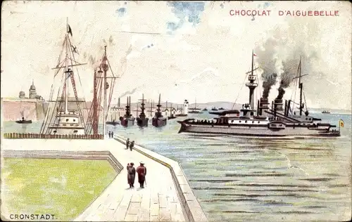 Künstler Ak Kronstadt St. Petersburg Russland, Reklame Chocolat d'Aiguebelle, Kriegsschiffe