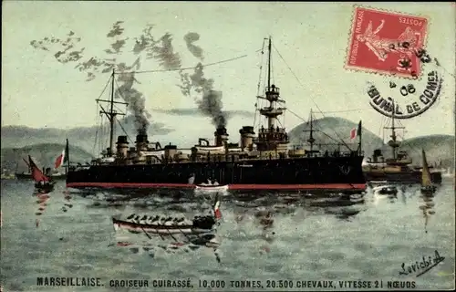 Künstler Ak Französisches Kriegsschiff Marseillaise, Croiseur Cuirasse