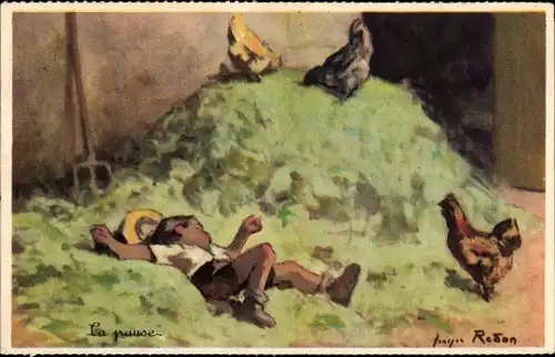 Künstler Ak Redon, La pause, Junge schläft im Stroh, Hühner