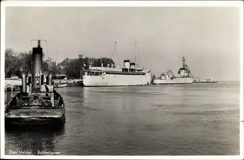 Ak Den Helder Nordholland Niederlande, Buitenhaven, Dampfschiff, Niederländisches Kriegsschiff