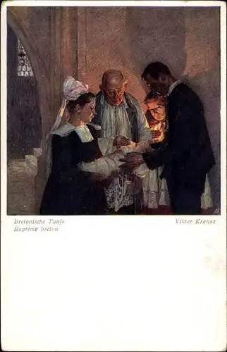 Künstler Ak Krausz, V., Bretonische Taufe, Geistlicher, Eltern
