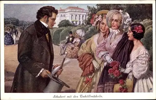 Künstler Ak Österr. Komponist Franz Schubert mit den Tschöllermäderln