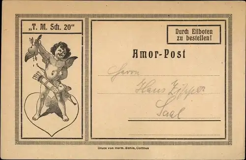 Ak Amor Post, Liebesengel mit durchschossenem Herzen