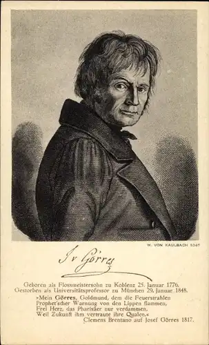 Künstler Ak von Kaulbach, Wilhelm, Joseph von Görres, Universitätsprofessor, Gedicht Brentano 1817