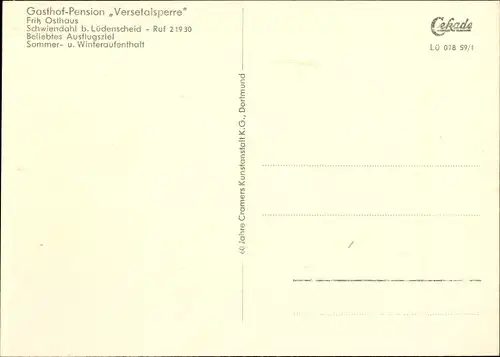 Ak Schwiendahl Lüdenscheid im Märkischen Kreis, Gasthof Pension Versetalsperre