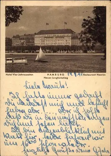 Ak Hamburg Altstadt, Partie am Neuen Jungfernstieg, Hotel Vier Jahreszeiten, Fähre, Segelboot