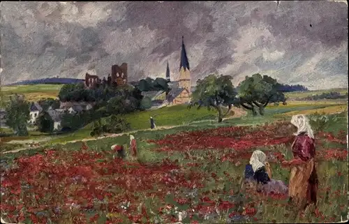 Künstler Ak Kastellaun im Hunsrück, Frauen auf der Mohnwiese, Ruine, Kirche