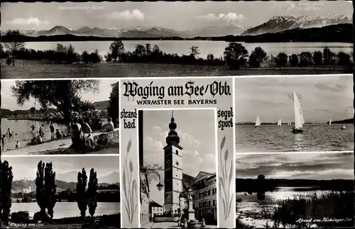 Ak Waging am See Oberbayern, Kirche, Abendstimmung, Strandbad, Segelboote