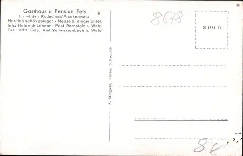 Ak Bernstein Schwarzenbach am Wald in Oberfranken, Gasthaus und Pension Fels