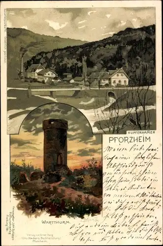 Künstler Litho, Münch, C., Pforzheim im Schwarzwald, Kupferhammer, Wartturm