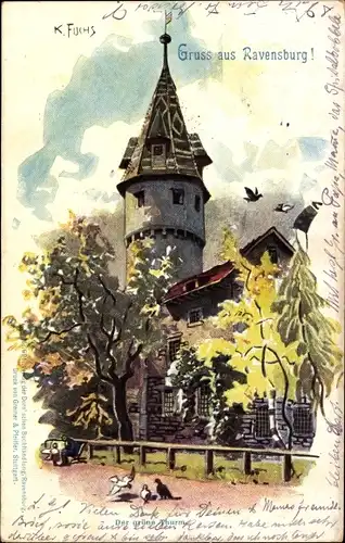 Künstler Litho Fuchs, Karl, Ravensburg in Oberschwaben Baden Württemberg, Der grüne Turm