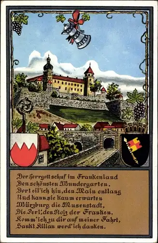 Ak Würzburg am Main Unterfranken, Festung Marienberg, Brücke, Wappen