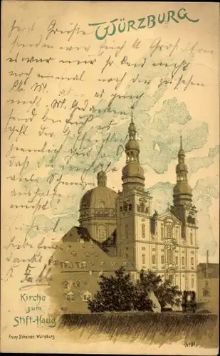 Litho Würzburg am Main Unterfranken, Kirche zum Stift Haug