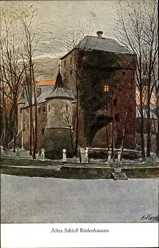 Künstler Ak Kirsch, Rüdenhausen in Unterfranken, altes Schloss im Winter