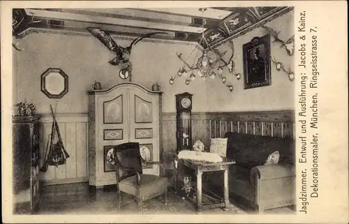 Ak München Bayern, Jagdzimmer, Ausstellung bemalter Wohnräume, 1910