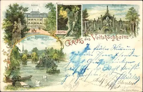 Litho Veitshöchheim in Unterfranken, Schloss, Neptun Grotte, See mit Pegasusgruppe, Apollo