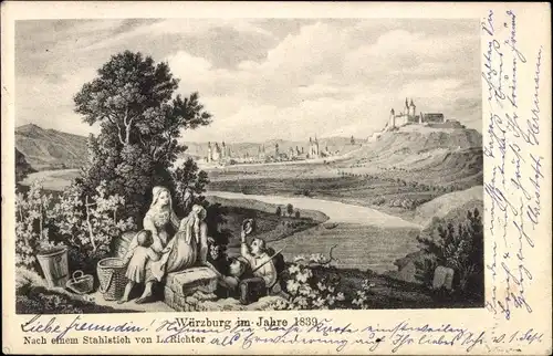 Künstler Ak Richter, L., Würzburg am Main Unterfranken, Ort mit Umgebung im Jahre 1839