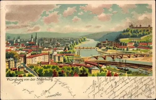 Künstler Litho Würzburg am Main Unterfranken, Ort von der Steinburg aus gesehen