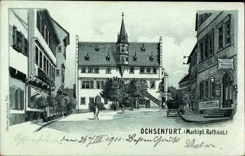 Litho Ochsenfurt am Main Unterfranken, Marktplatz, Rathaus