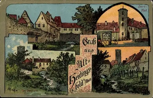 Künstler Ak Heidingsfeld Würzburg am Main Unterfranken, Stegturm, Zenthof, Altstadtmotive