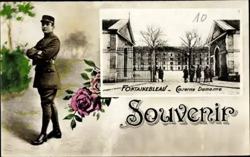 Ak Fontainebleau Seine et Marne, Caserne Damesme, Französischer Soldat, Rosen