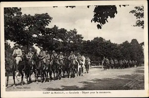Ak Mailly le Camp Aube, Cavalerie, Depart pour la manoeuvre