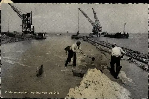 Ak Harderwijk Gelderland, Friesland, Zuiderzeewerken, Aanleg van de Dijk, Deichbauarbeiten