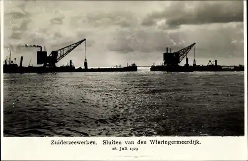 Ak Wieringen Nordholland Niederlande, Sluiten van den Wieringermeerdijk 1929