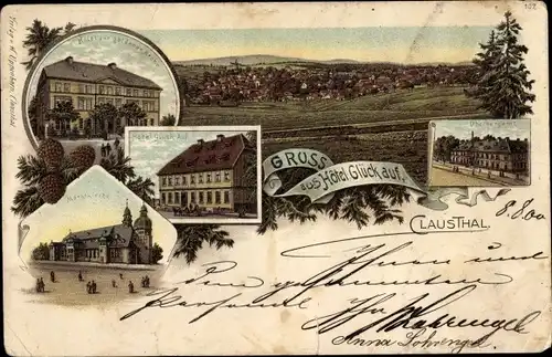 Litho Clausthal Zellerfeld im Oberharz, Hotel Glück auf, Hotel zur goldenen Krone, Marktkirche