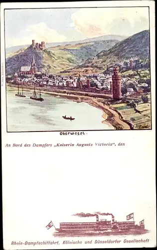 Künstler Ak Oberwesel am Rhein, Panorama, Köln Düsseldorfer Rheindampfer Kaiserin Auguste Victoria