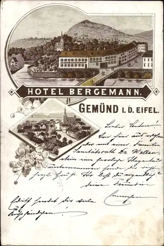 Litho Gemünd Schleiden in der Eifel, Hotel Bergemann, Brücke, Ortsansicht