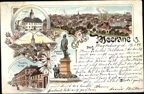 Litho Meerane in Sachsen, Rathaus, Kirche, Augustusstraße, Bismarck-Denkmal