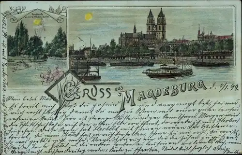 Mondschein Litho Magdeburg an der Elbe, Inselteich, Friedrich Wilhelms Garten