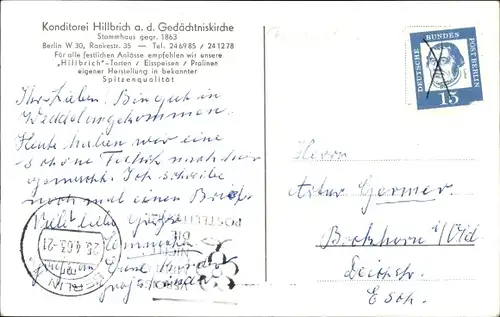 Ak Berlin Charlottenburg, Konditorei Hillbrich an der Gedächtniskirche, Rankestr. 35