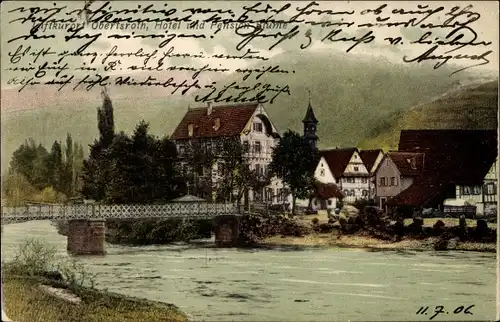 Ak Obertsrot Gernsbach im Schwarzwald, Blick auf Hotel und Pension Blume, Brücke