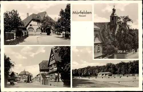 Ak Mörfelden Walldorf in Hessen, Dorfpartie, Kirche, Freibad, Bahnhof