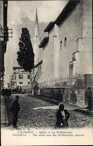 Ak Thessaloniki Griechenland, Eglise et rue Saint Dimitrius