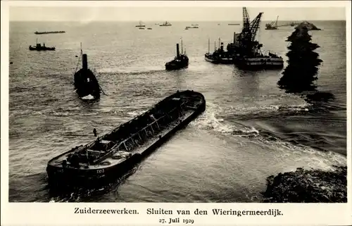 Ak Kornwerderzand Friesland Niederlande, Zuiderzeewerken, Sluiten van den Wieringermeeerdijk 1929