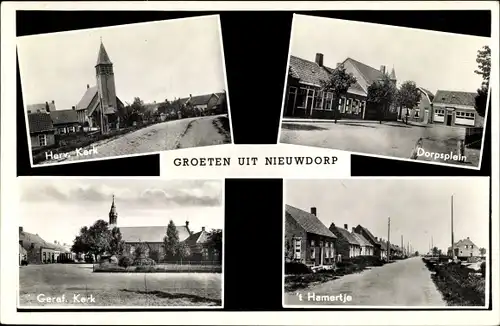 Ak Nieuwdorp Zeeland Niederlande, Herv. Kerk, Geref. Kerk, Dorpsplein, 't Hamertje