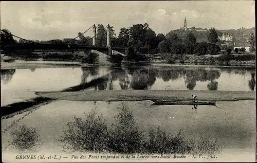 Ak Gennes Maine et Loire, Vue des Ponts suspendu et de la Loire vers Saint Eusebe