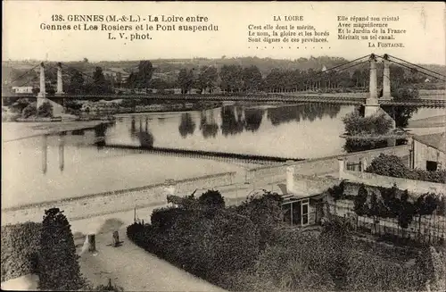 Ak Gennes Maine et Loire, La Loire entre Gennes et Les Rosiers et le Pont suspendu