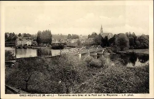 Ak Grez Neuville Maine et Loire, Panorama vers Grez et le Pont sur la Mayenne