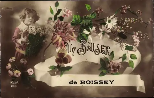 Ak Boissey Calvados, Kind, Blumen, Stiefmütterchen