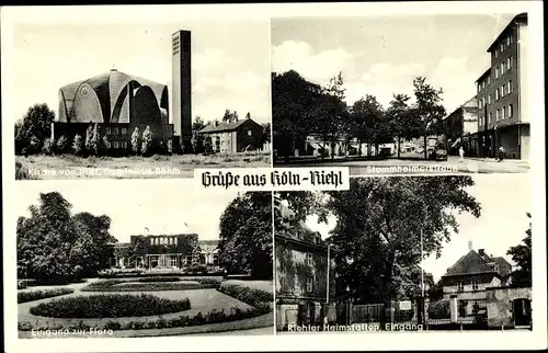 Ak Riehl Köln am Rhein, Kirche D. Böhm, Stammheimer Straße, Eingang zur Flora, Riehler Heimstätten