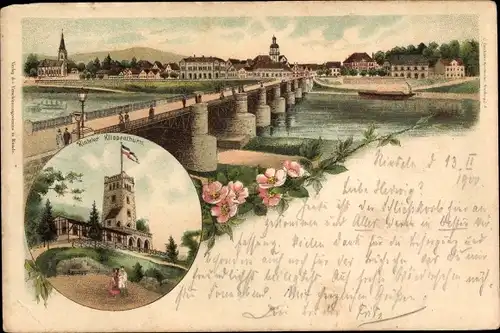 Litho Rinteln an der Weser, Klippenturm, Flusspartie mit Blick auf den Ort, Brücke