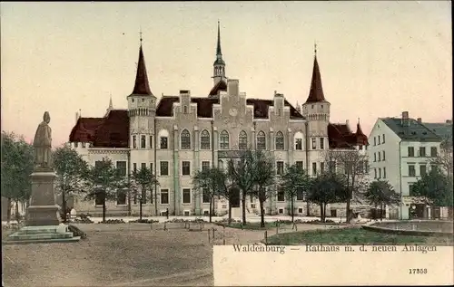 Ak Wałbrzych Waldenburg Schlesien, Rathaus, Neue Anlagen, Denkmal