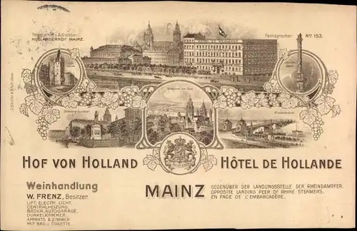 Ak Mainz am Rhein, Hof von Holland, Hotel de Hollande, Weinhandlung