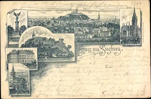 Litho Siegburg an der Sieg, Kirche, Denkmal, Michaelsberg, Abtei, Lehrerseminar, Panorama