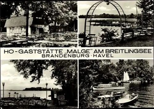 Ak Brandenburg an der Havel, Gaststätte Malge am Breitlingsee, Außenansichten, Seepartie, Panorama